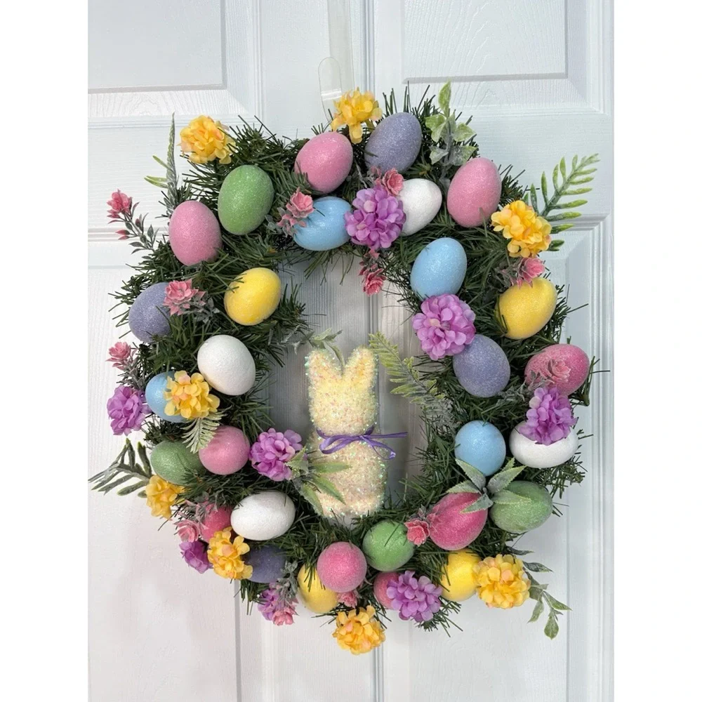 Easter Spring Eggs and Bunny Cute Colorful Wreath Handmade Home Decor